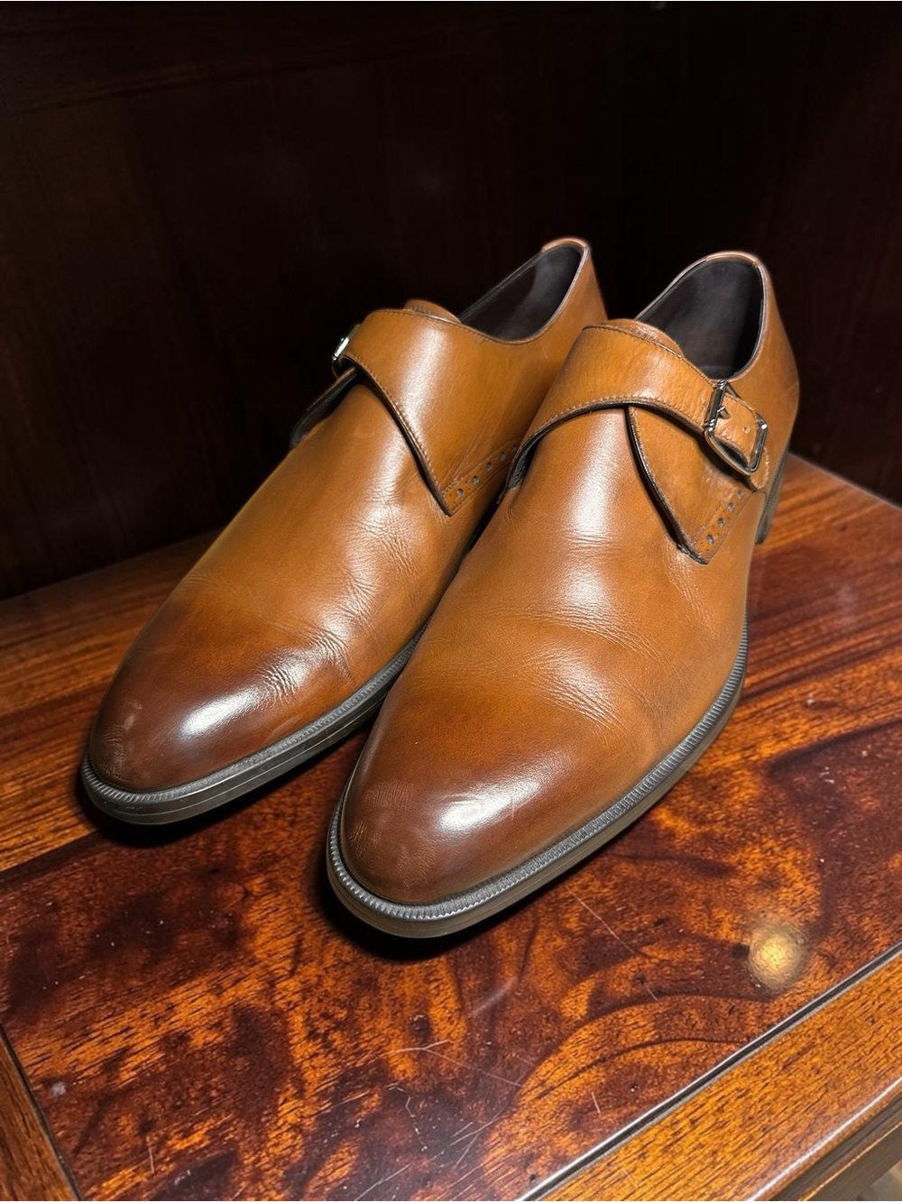 Ermenegildo Zegna Avenue Flex Cognac Leather Single Monk Strap Shoes 10.5